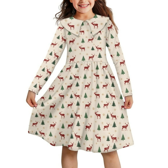 DISNIMO Kids Christmas Tree Dress for Girls Reindeer Dress for Kids Snowflake Dress Girls Long Sleeves Dress for Toddler Girls Fall Dress for Children Girl Dresses with Collar Dress 5-6T Dresses