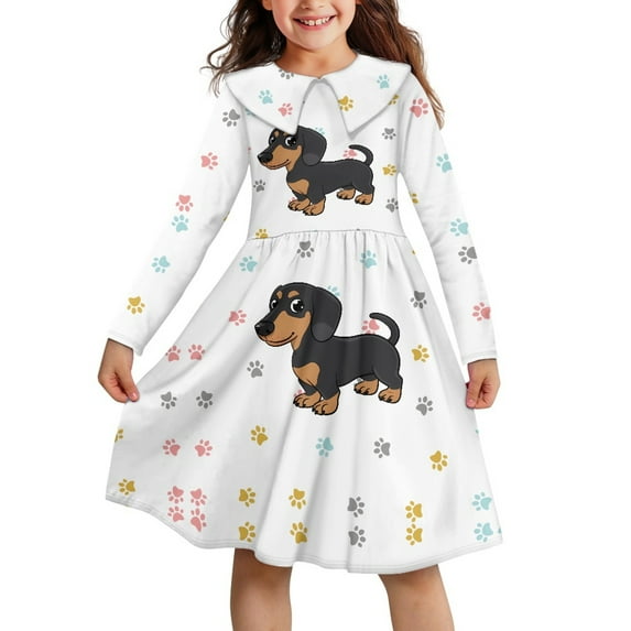 DISNIMO Kids Dachshund Dress for Girls Long Sleeve Dresses Size 5-6 Girls Dress Casual Kids Dress Paw Print Dress for Girls Soft Dress Child Twirling Dresses for Girls Dresses Fall Dress Children