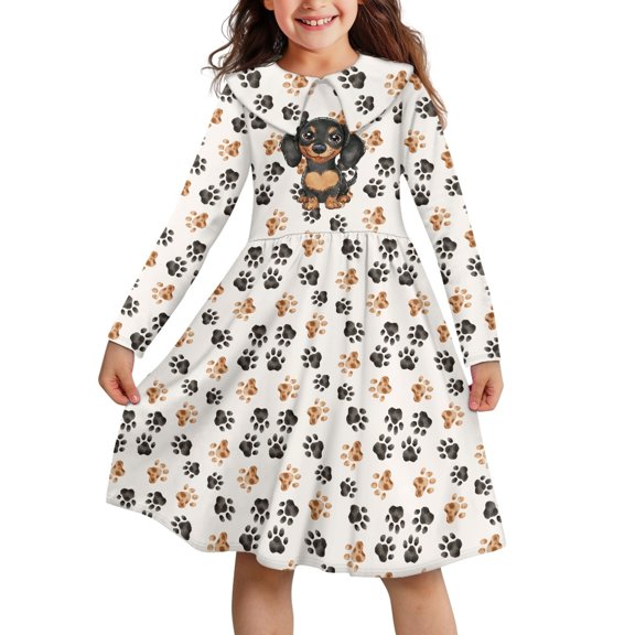 DISNIMO Kids Dachshund Dress for Girls Paw Print Dress for Child Long Sleeve Dress for Girls 11-12 Dresses with Collars for Girls Long Sleeve Skater Dresses for Girls Midi Dresses for Kids Frock