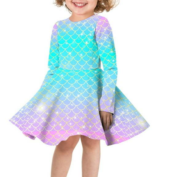 DISNIMO Kids Fish Scale Dress Girl Scale Dress Girls 7-8 Long Sleeve Dresses for Children Girls Dresses Casual Fall Dresses for Girls Holiday Dresses Kid Preppy Dress Skater Dress Long Sleeve Kids