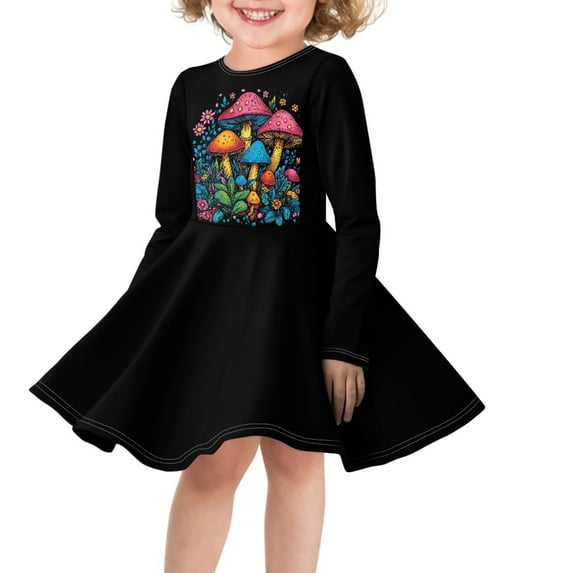 DISNIMO Kids Mushroom Dress Girls Floral Dress Long Sleeve Black Dress Girls 3-4 Dress for Children Girls Dresses Midi Length Girls Lightweight Dress Skater Girl Swing Dress Kids Holiday Dress