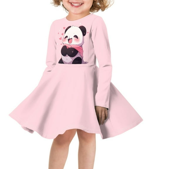 DISNIMO Kids Panda Heart Dress Girls Pink Dress Long Sleeve Dress Girls 3-4 Dress for Children Girls Dresses Midi Length Girls Lightweight Dress Skater Girl Swing Dress Kids Holiday Dress
