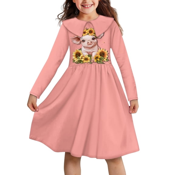 DISNIMO Kids Pig Dress Girls Sunflower Dress Size 11/12 Girls Dresses Long Sleeve Collar Dress Girls Midi Dress Fall Kids Swing Casual Dress Girl Collared Dress for Children Skater Dress Girls