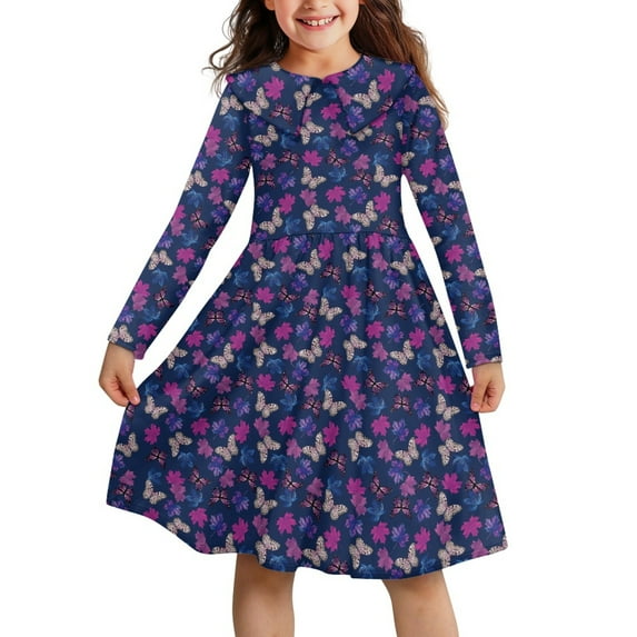 DISNIMO Kids Purple Butterfly Dress Long Sleeve Girls Dresses with Collar Dress Kids Polyester Dresses for Girls 3-4 Dresses Winter Girls Dress Midi Dresses for Skater Dress Children Girls