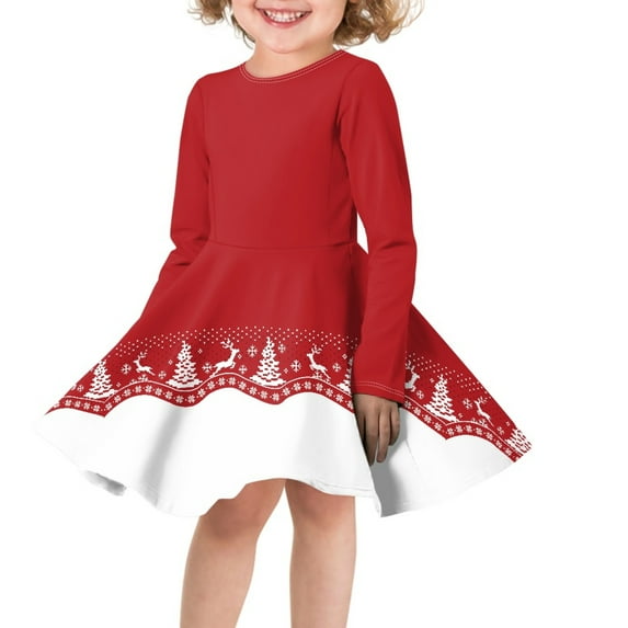 DISNIMO Kids Red Christmas Dresses for Girls Christmas Tree Dress for Kids Reindeer Dress Girls Long Sleeve Swing Dress for Teens 15-16 Winter Dress Girls Midi Dress Long Sleeve Twirl Dress Girls
