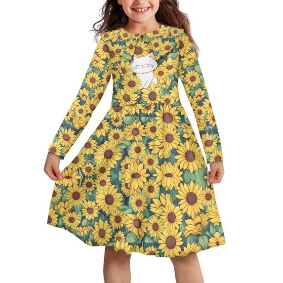 DISNIMO Kids Sunflower Dress Girls Cat Dress for Girls 11-12T Dresses for Girls Long Sleeve Dress with Collar Little Girl Dresses Casual Midi Dress Girls Twirling Dress for Child Dresses for Girls