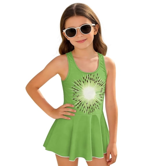 DISNIMO Kiwifruit Print Girls One Piece Swimsuits Sleeveless Swim Dress U Neck Swimwear with Skirt Quick Dry Bathing Suit Size 7-8