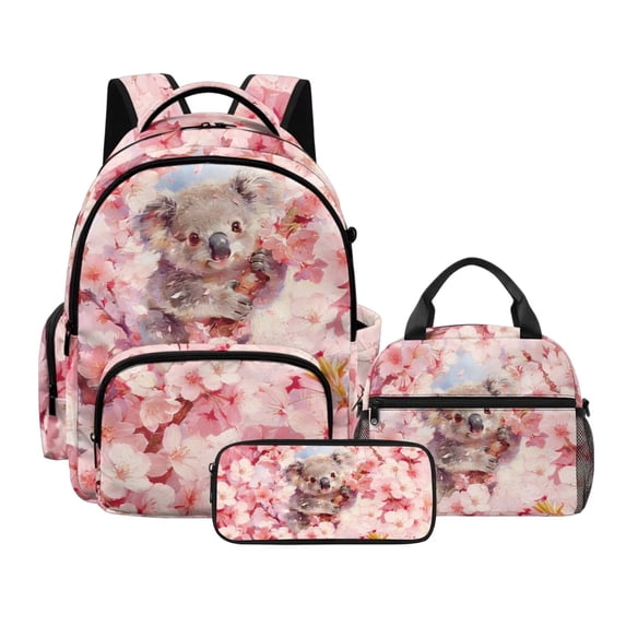 DISNIMO Koala Cherry Blossom Print 3 in 1 School Backpack with Lunch Box and Pen Case, School Bags for Girls Lightweight Kids Backpack Bookbag Set for Elementary School Students