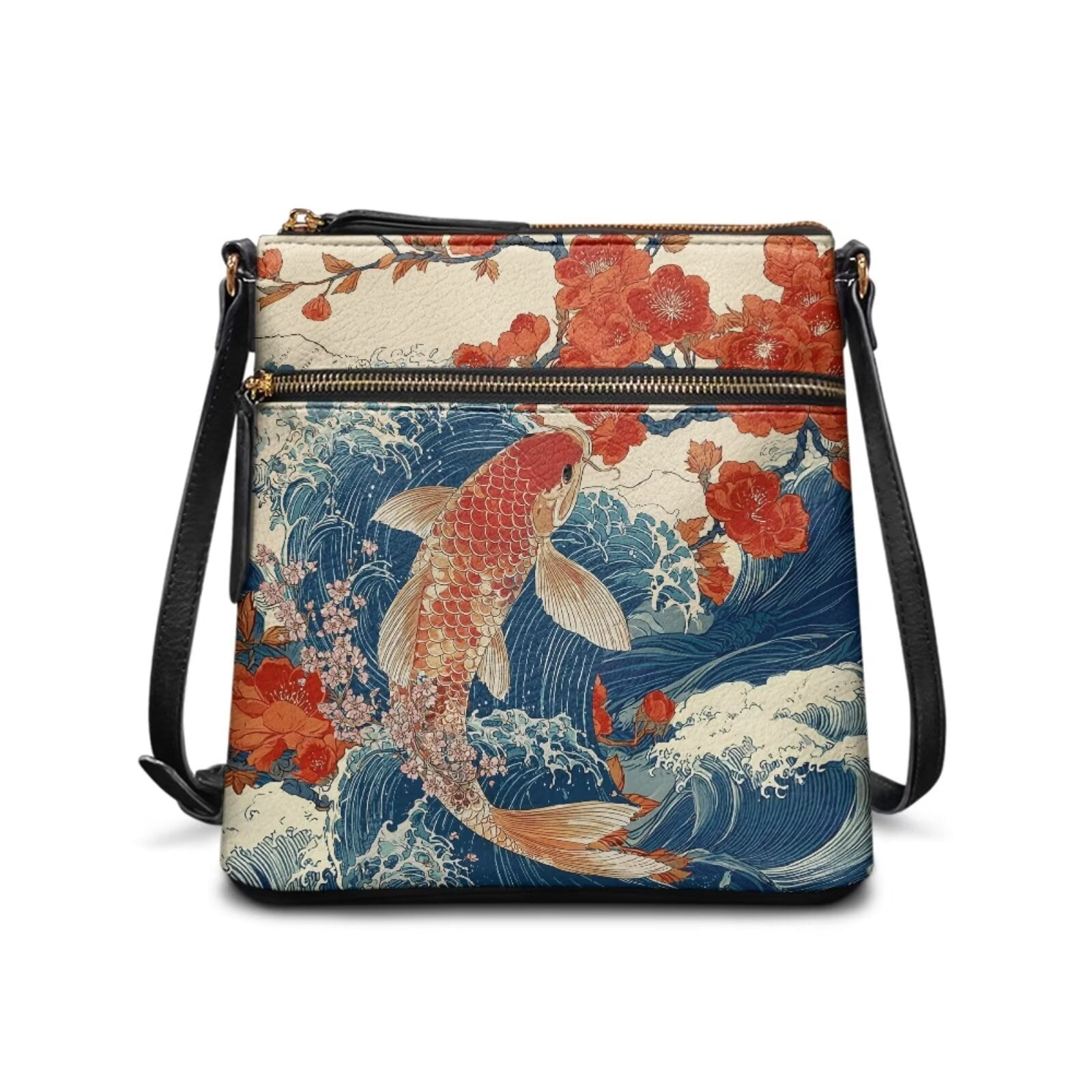 DISNIMO Koi Fish Print Messenger-Bag Plum Blossom Print Crossbody Handbag Purse with Multi-Pockets Fashion Leather Hobo Handbags with Adjustable Strap