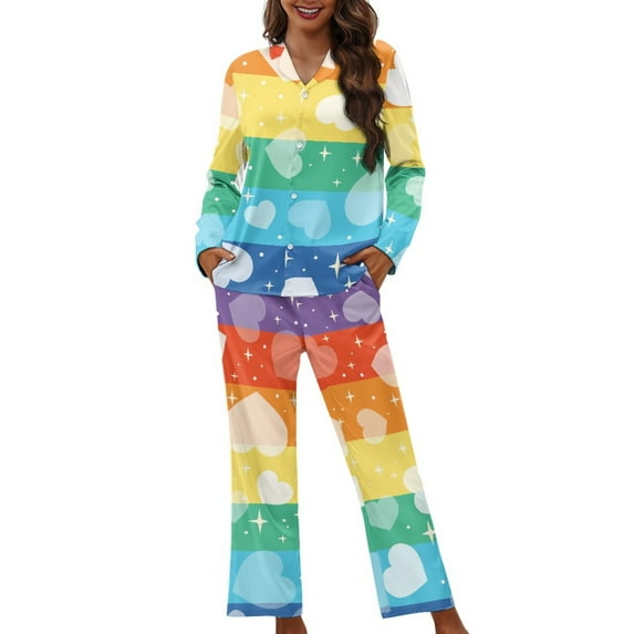 DISNIMO LGBT Stripe Printed Pajama Set for Women Long Sleeve Sleepwear Soft Comfy Nightwear with Long Pajama Pants Casual Button Up Lounge Wear Sets, XS