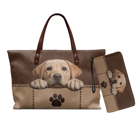 DISNIMO Labrador Retriever Print Handbag Wallet Set for Women Large Tote Bag with Zipper Closure PU Leather Top Handle Handbag with Matching Wallet