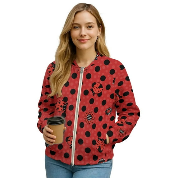 DISNIMO Ladybug Floral Printed Jackets for Women V Neck Sweatshirts Zip Up Outerwear Jacket Long Sleeve Sweatshirts with Pockets, 4XL