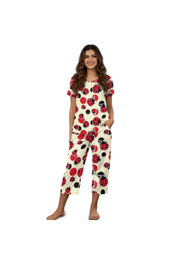 Ladybug Printed Women's Pajama Sets Soft 2 Piece Pjs Set Summer Tops and Capri Pant Lounge for Home, M