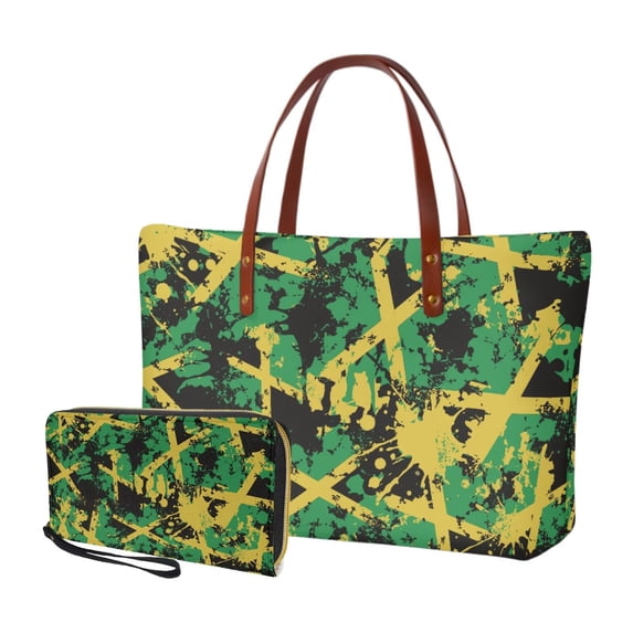 DISNIMO Large Tote Purse and Wallet Set for Women Jamaican Flag Print Handbags for Ladies Casual Shoulder Bags for Daily Use