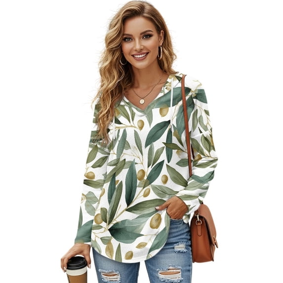 DISNIMO Leaf Printed Hoodies for Women Waffle Sweatshirts Long Sleeve Pullover Tops V Neck Hooded Sweatshirt for Daily Wear, S