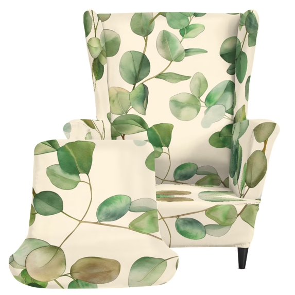 DISNIMO Leaves Printed 2-Piece Stretch Wingback Chair Slipcovers, Non-Slip Furniture Protector with Elastic Bottom for Living Room Wing Chairs, 1 Wing Cover & 1 Cushion Cover