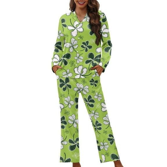 DISNIMO Leaves Printed Women's 2 Piece Lounge Sets Long Sleeve Sleepwear Button Down Nightwear with Matching Pants V Neck Ladies Lounge Sets Soft Comfy Pajama Outfits, XS