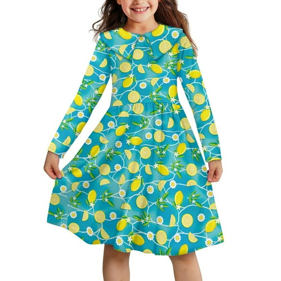 DISNIMO Lemon Daisy Dress for Kids Blue Dress for Girls Collared Long Sleeve Dress for Girls 9-10 Dresses for Childrens Twirl Dress Kids Polyester Dresses for Girls Soft Dress for Kids
