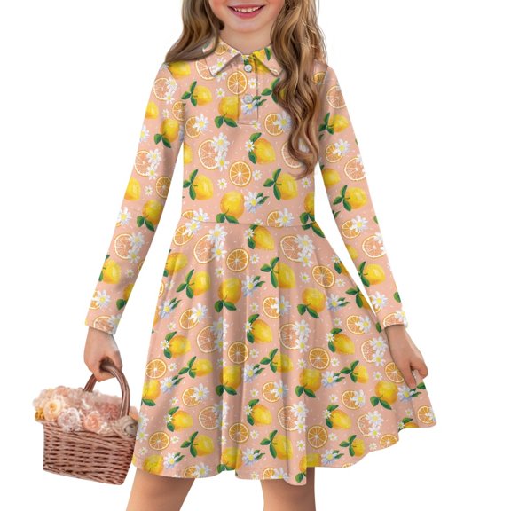 DISNIMO Lemon Dress Girls Flower Dress with Collar Girls Long Sleeve Button Up Dress Girls Midi Dresses Size 7-8 Dresses for Girls Twirling Dress for Child Fall Dress Girl Outfits Dress Collar