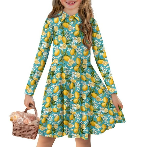 DISNIMO Lemon Dress Kids Flower Dresses for Kids and Girls Dresses Midi Length Swing Dress for Children Skater Dress Girls Long Sleeve Twirl Dress 13-14 Youth Beach Dresses Teen Girl Longsleeve Fall