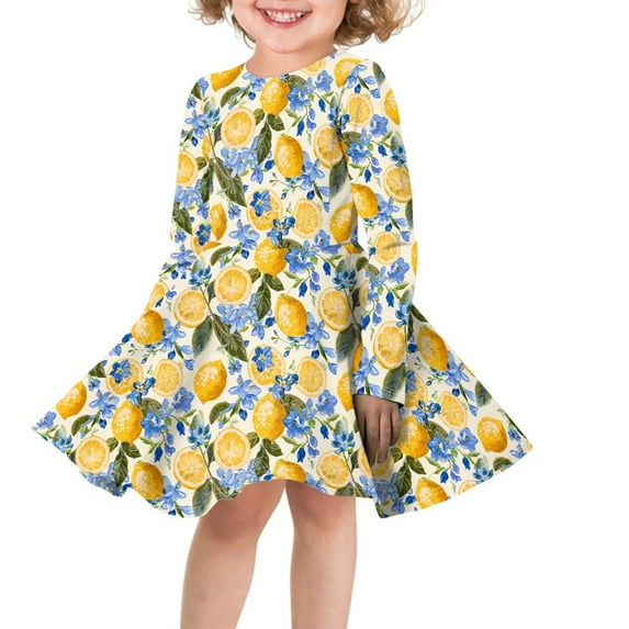 DISNIMO Lemon Floral Dress Girls Long Sleeve Flower Dress Girls Size 7-8 Dresses Girl Fruit Dress for Kids Sun Dresses for Children Long Sleeve Dress Fall Little Girls Swing Dress Long Sleeve