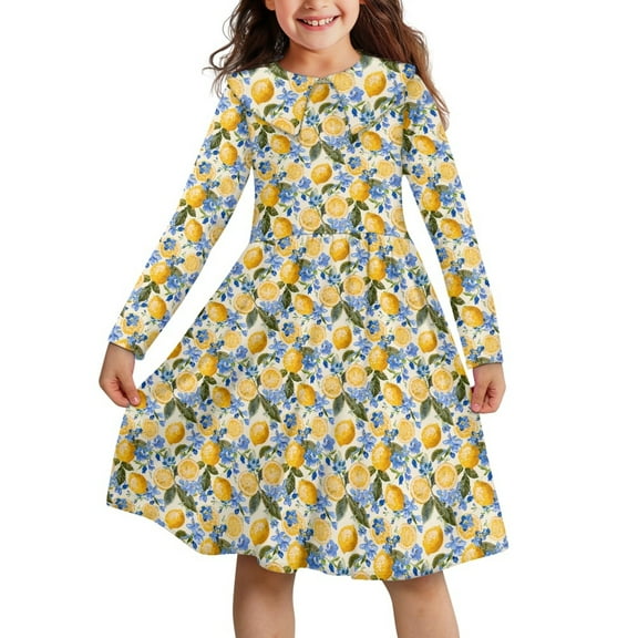 DISNIMO Lemon Flower Girl Dress Long Sleeve Kids Dress Girls Size 11-12 Fall Dresses for Girls Long Sleeve Swing Dress Midi for Girls Collared Dress Ruffle Collar Dress Kids Twirly Dress for Girls