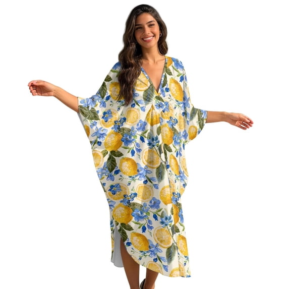 DISNIMO Lemon Flower Print Women Kaftan Dress Plus Size Swimsuit Cover Up V Neck Batwing Sleeve Caftans Beach Dress Summer Swimsuit Loungewear V Neck Loose Fit Bathing Suit Coverups