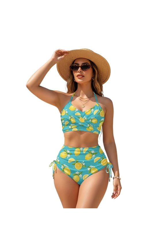 Lemon Flower Print Women's Bikini Sets Two Piece High Waisted Bathing Suit Tummy Control Swimsuits V Neck Twist Front Bikini Set Summer Beach Swimwear, M