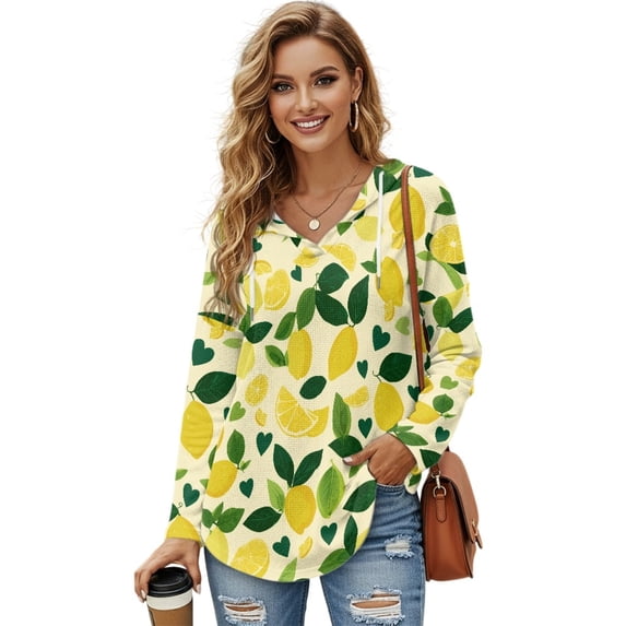 DISNIMO Lemon Printed Hoodies for Women Long Sleeve Sweatshirts Waffle Pullover Tops V Neck Shirts for Fall Winter, 2XL