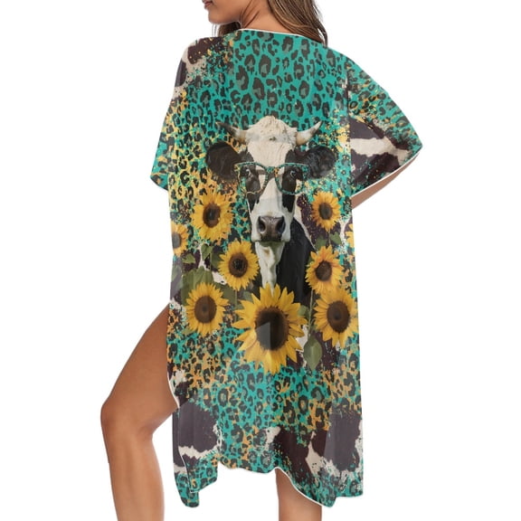 DISNIMO Leopard Cow Sunflower Print Women's Kimono Cardigan Swimsuit Cover Ups Summer Beach Cover Up Long Lightweight Bikini Cover Up for Vacation