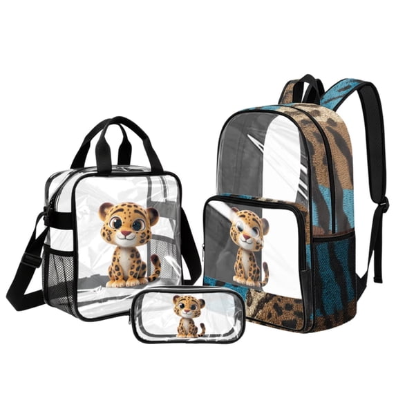 DISNIMO Leopard Print Clear Backpack, Heavy Duty Kids Transparent Bookbag with Pencil Case, 17 Inch Clear Backpack and Lunch Bag Set, Girls Back to School Gifts