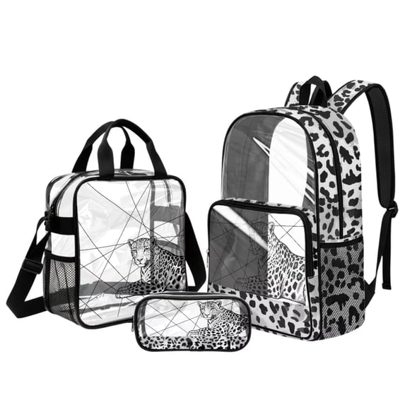 DISNIMO Leopard Print Girls Clear Backpack for School, 3PCS Kids Clear Backpack with Lunch Bag and Pencil Pouch, Heavy Duty See Through Transparent Bookbag with Lunch Box Set