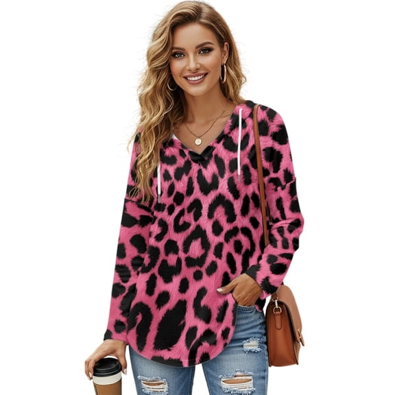 DISNIMO Leopard Print Hoodies for Women Long Sleeve Shirt V Neck Sweatshirts Lightweight Pullover Tops for Fall Winter, S