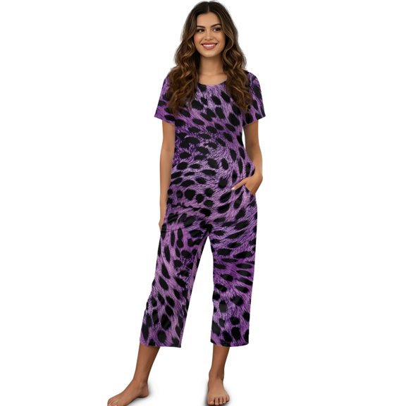 DISNIMO Leopard Print Pajama Set for Women, Soft Sleepwear Summer 2 Piece Pjs Set Round Neck Tops and Capri Pant Lounge, M
