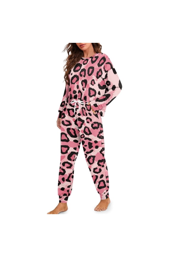 Leopard Print Women's 2 Piece Lounge Set Fashion Pajama Set Long Sleeve Top and Long Pants Casual Pjs Set Oversized Matching Sets Crew Neck Nightwear, L