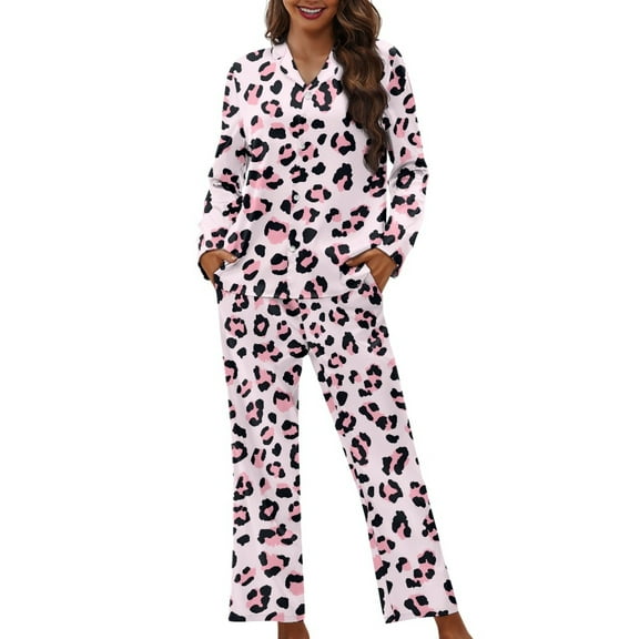 DISNIMO Leopard Printed Womens 2 Piece Pajama Sets Soft Button Up Sleepwear with Matching Long Pants Loose Fits Nightwear with Pockets Long Sleeve Sleepwear Button Down Comfywear Loungewear, XS