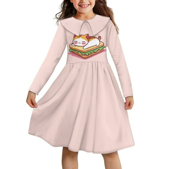 DISNIMO Long Sleeve Cat Dress Girls Sandwich Dress with Collar for Girls Swing Midi Dress Kids 13-14 Girl Dresses Casual Midi Dress Girls Long Sleeve Skater Dress for Teens Fall Dresses Girls