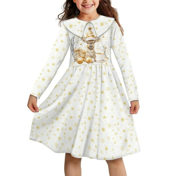 DISNIMO Long Sleeve Christmas Dress Girls Reindeer Dress Kids School Dress for Girls Long Sleeve Fall Dresses Size 13-14 Girl Dresses with Collar Dress Kids Snowflake Dress Girls Casual Dresses Fall