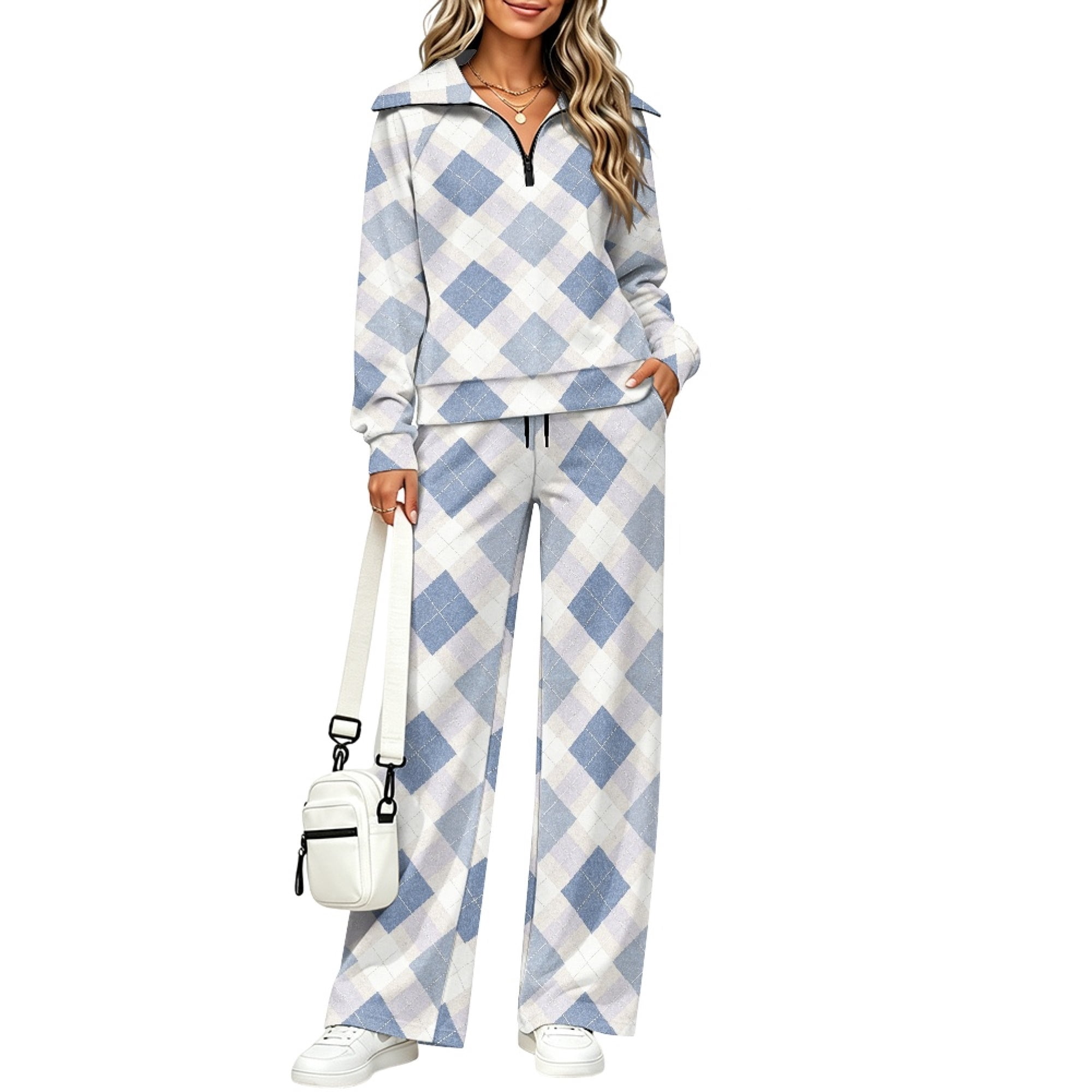 Pattern For Sleeves DISNIMO Long Sleeve Sweatshirt Blue Argyle Plaid Pattern Lounge Sets ...