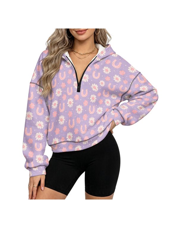 Loose Pullover Tops, Daisy Horseshoe Pattern Fleece Polyester Fabric Half Zip Pullover Hooded Sweatshirt Casual Fleece lined Sweatshirts for Workout Airport, Size L