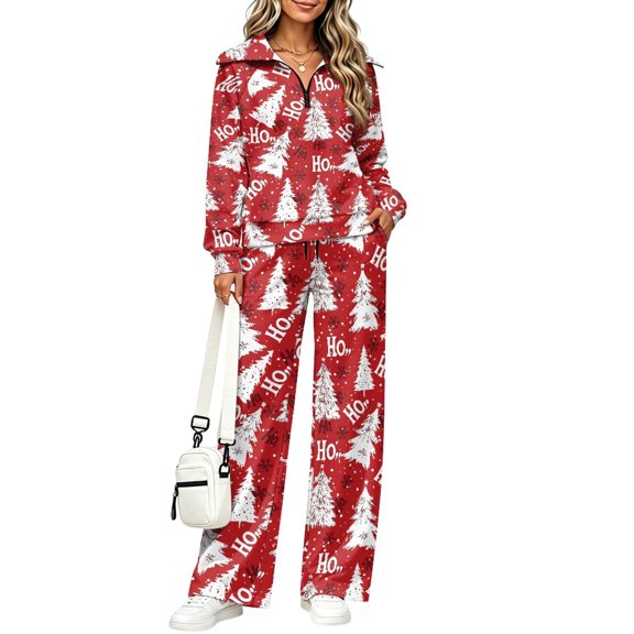 DISNIMO Lounge Sets Christmas Tree Sweatsuits V Neck Tracksuits for Fall with Quarter Zip Flowy, Size S