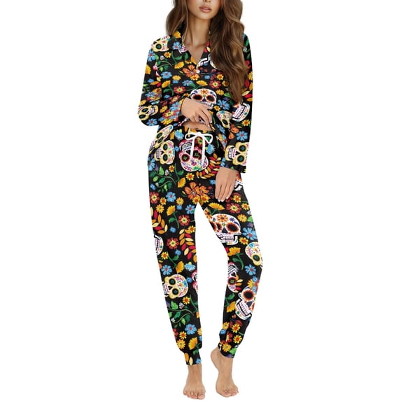 DISNIMO Lounge Sets for Women 2 Piece Skull Flower Print Halloween Long Sleeve Sleepwear Button Down Nightwear with Matching Long Pants Fashion Pajama Outfits