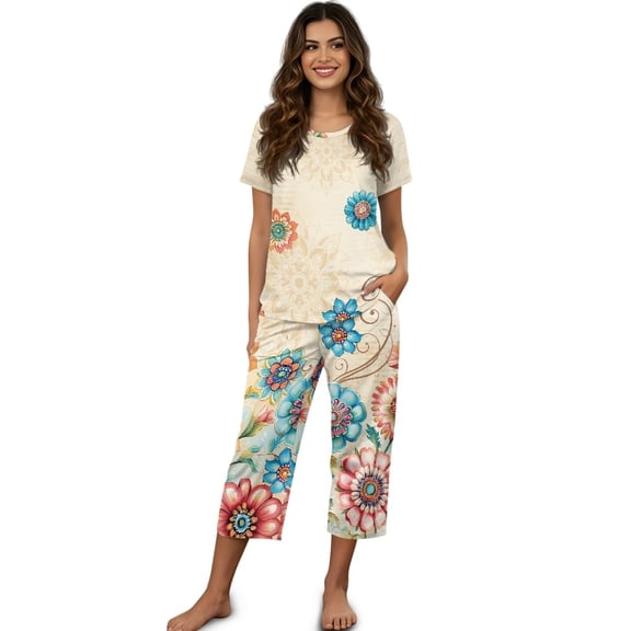 DISNIMO Mandala Flower Printed Womens Pajama Set Comfy 2 Piece Lounge Set Soft Sleepwear Short Sleeve Tops and Capri Pant Pjs, S