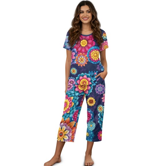 DISNIMO Mandala Flower Printed Womens Pajama Set Soft Sleepwear Short Sleeve Tops and Capri Pant Pjs Lounge, M