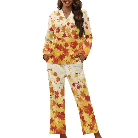 DISNIMO Maple Leaf Printed 2 Pack Womens Pajamas Sets Long Sleeve Sleepwear Top with Pants Soft Button Up Nightwear with Pockets Thanksgiving Day Fashion Loungewear, M