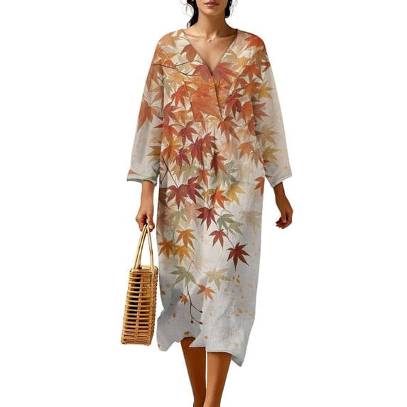 DISNIMO Maple Leaf Printed Women's Linen Style Maxi Dresses Casual Loose Dress 3/4 Sleeve Midi Dresses Lightweight V Neck Dresses for Women, M