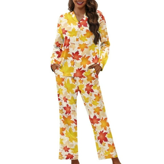 DISNIMO Maple Leaf Printed Womens Pajama Sets 2 Piece Pj Sets Loose Fits Nightwear with Long Pants Long Sleeve Sleepwear Button Down Comfywear Loungewear, XS