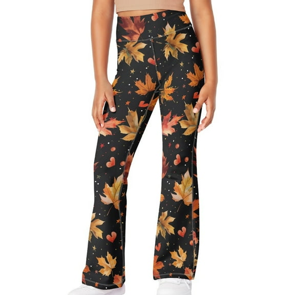 DISNIMO Maple Leaf Thanksgiving Heart Girls Flare Leggings 13-14 for Kids Bell Bottom Pants with Pockets High Waisted Bootcut Yoga Pants Kids Dance Bell Bottoms Leggings Flared Hem