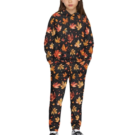 DISNIMO Maple Leaf Thanksgiving Hoodies Sets for Girls Pullover Hoodie Kids Girls Sweatshirts Preppy for Girls 4 5 Hoodies and Sweatpants Set Girls Drop Shoulder Hooded Sweatshirt with Pockets
