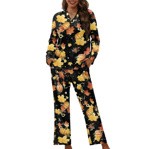 DISNIMO Maple Leaves Printed Pajama for Women Set 2 Piece Pjs Lounge Set with Pockets Long Sleeve Button Down Sleepwear with Long Pants Casual Loose Loungewear Nightwear, L